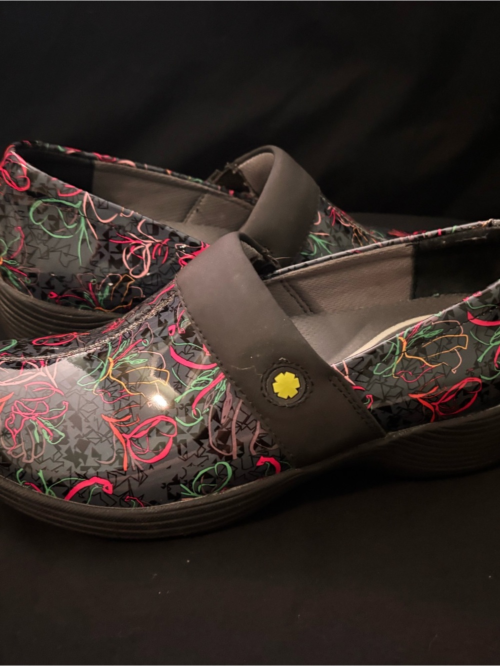 Dansko Black Patent Floral-Accent Slip-On Clogs